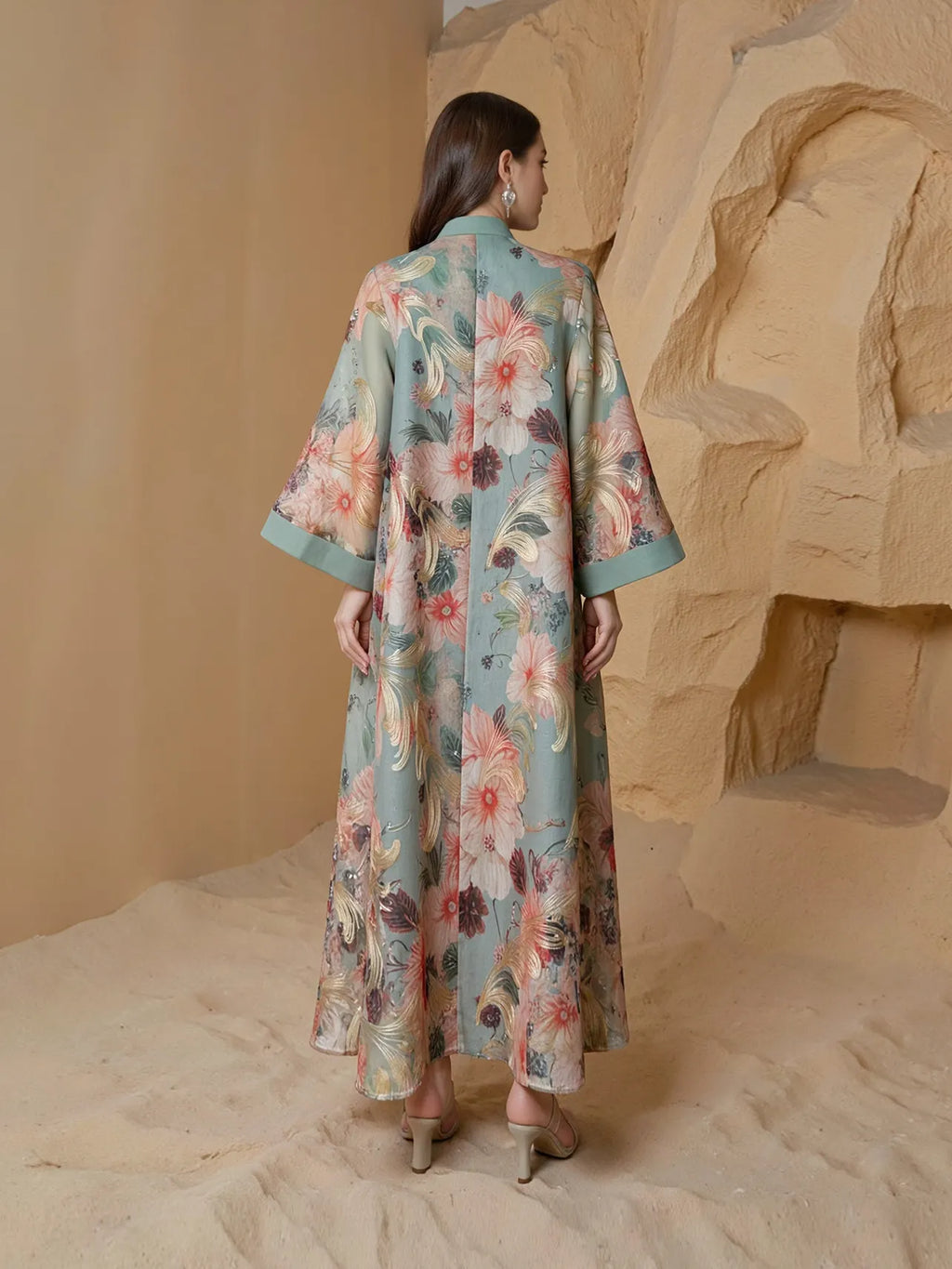 Printed Beaded Robe Maxi Dress