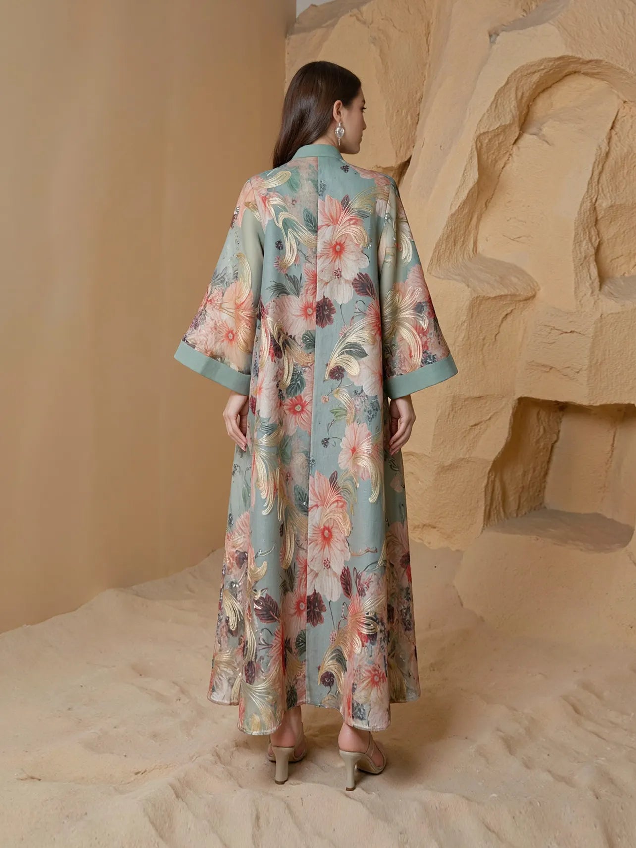 Printed Beaded Robe Maxi Dress