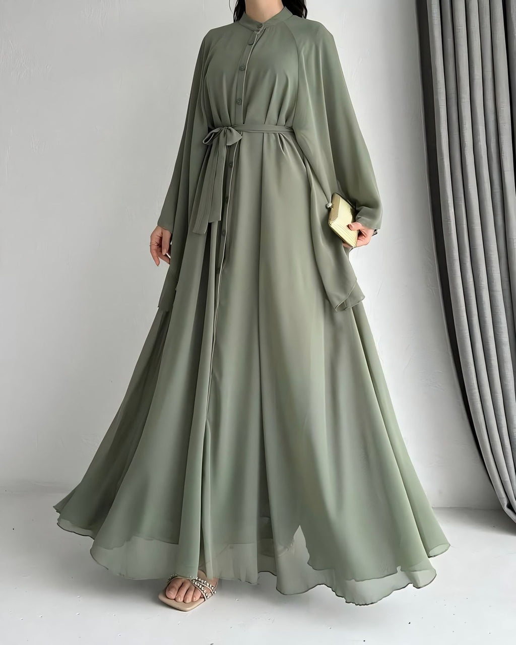 Green Belted Chiffon Maxi Dress