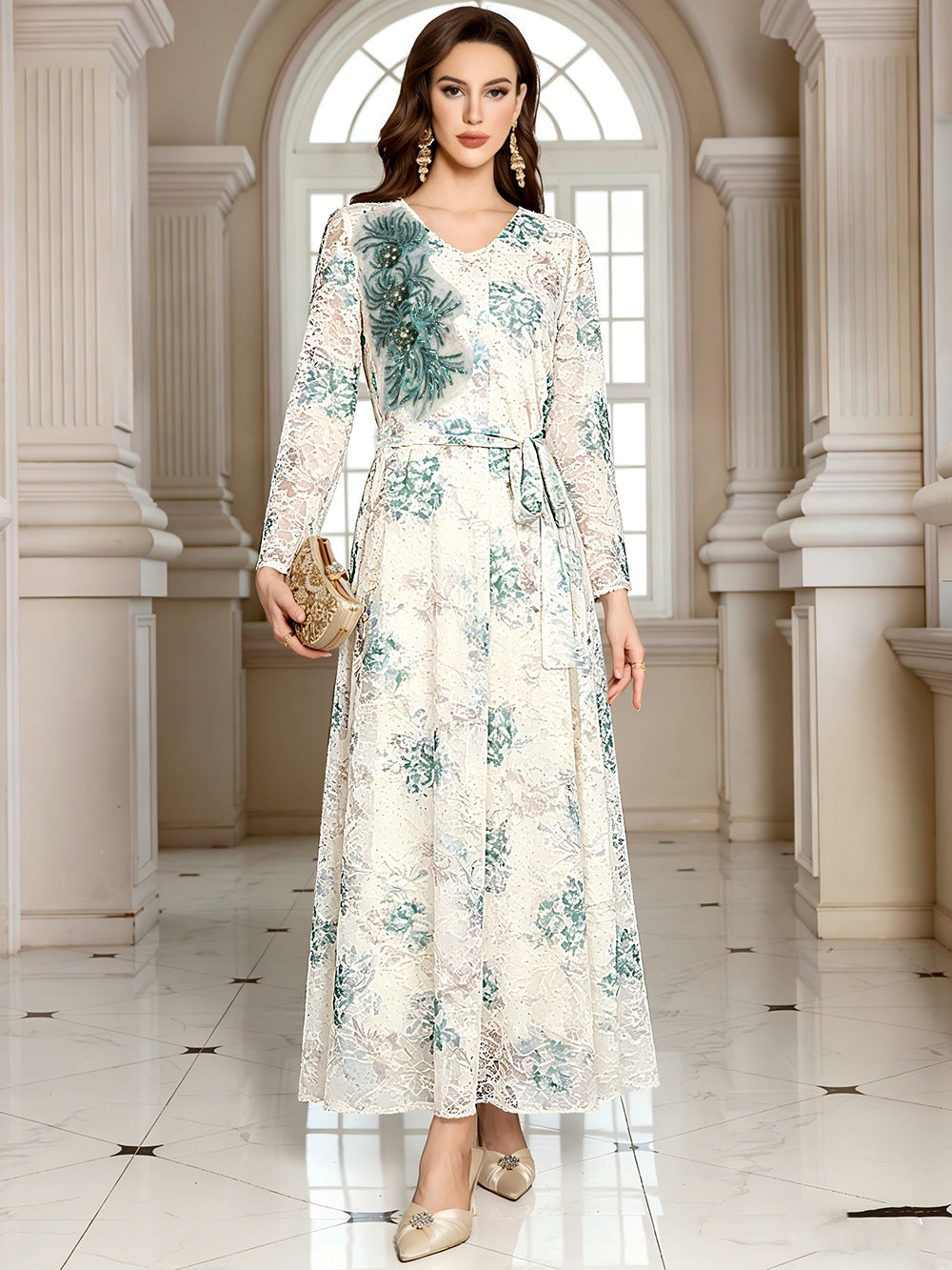V-Neck Lace-Up Long-Sleeve Maxi Dress