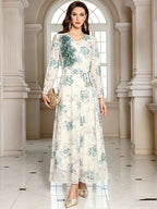 V-Neck Lace-Up Long-Sleeve Maxi Dress