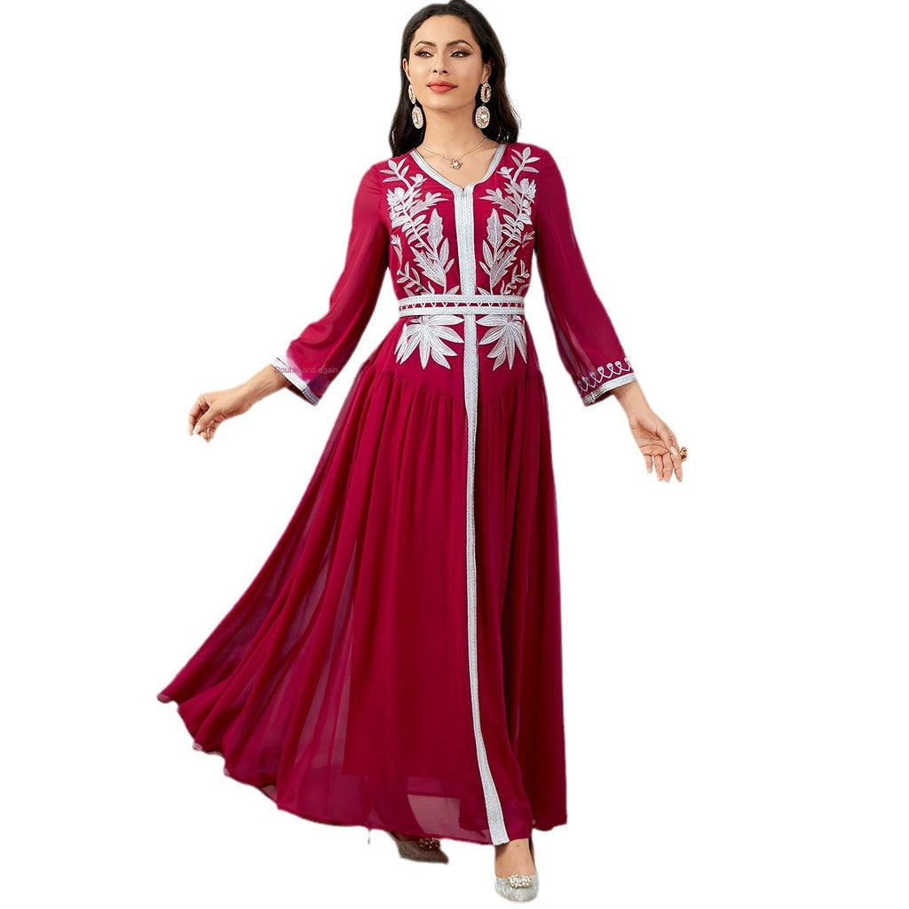 Embroidered V-Neck Robe Maxi Dress