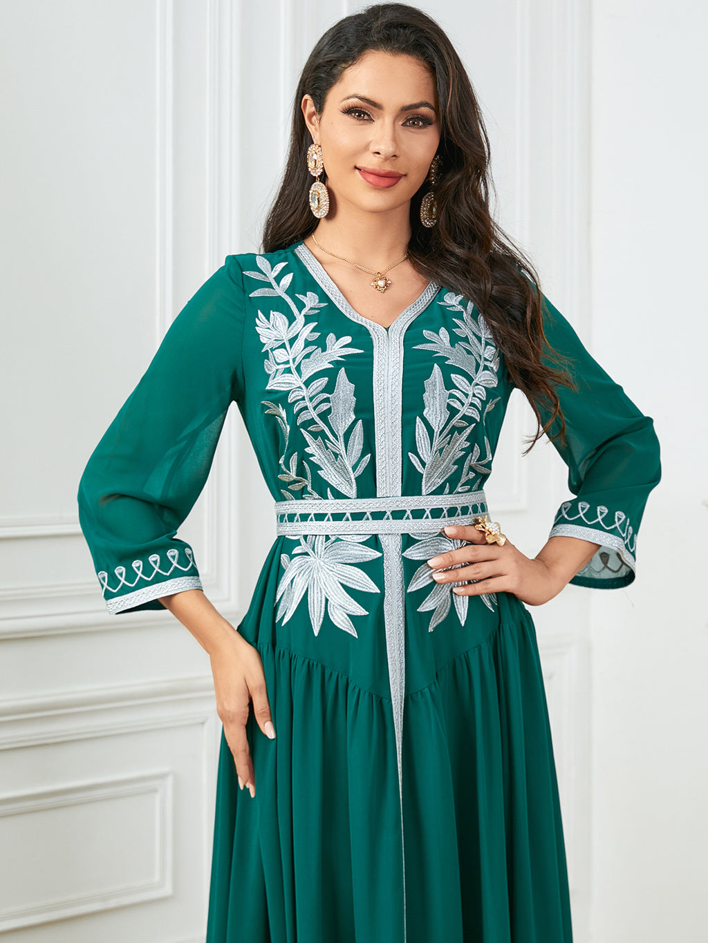 Embroidered V-Neck Robe Maxi Dress