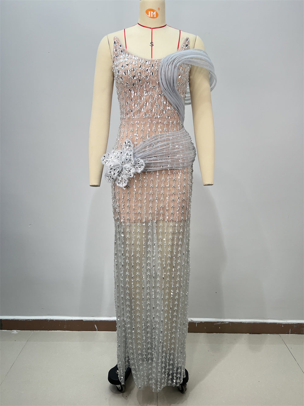 One-Shoulder Sequin Floor-Length Gown with Asymmetric Hem