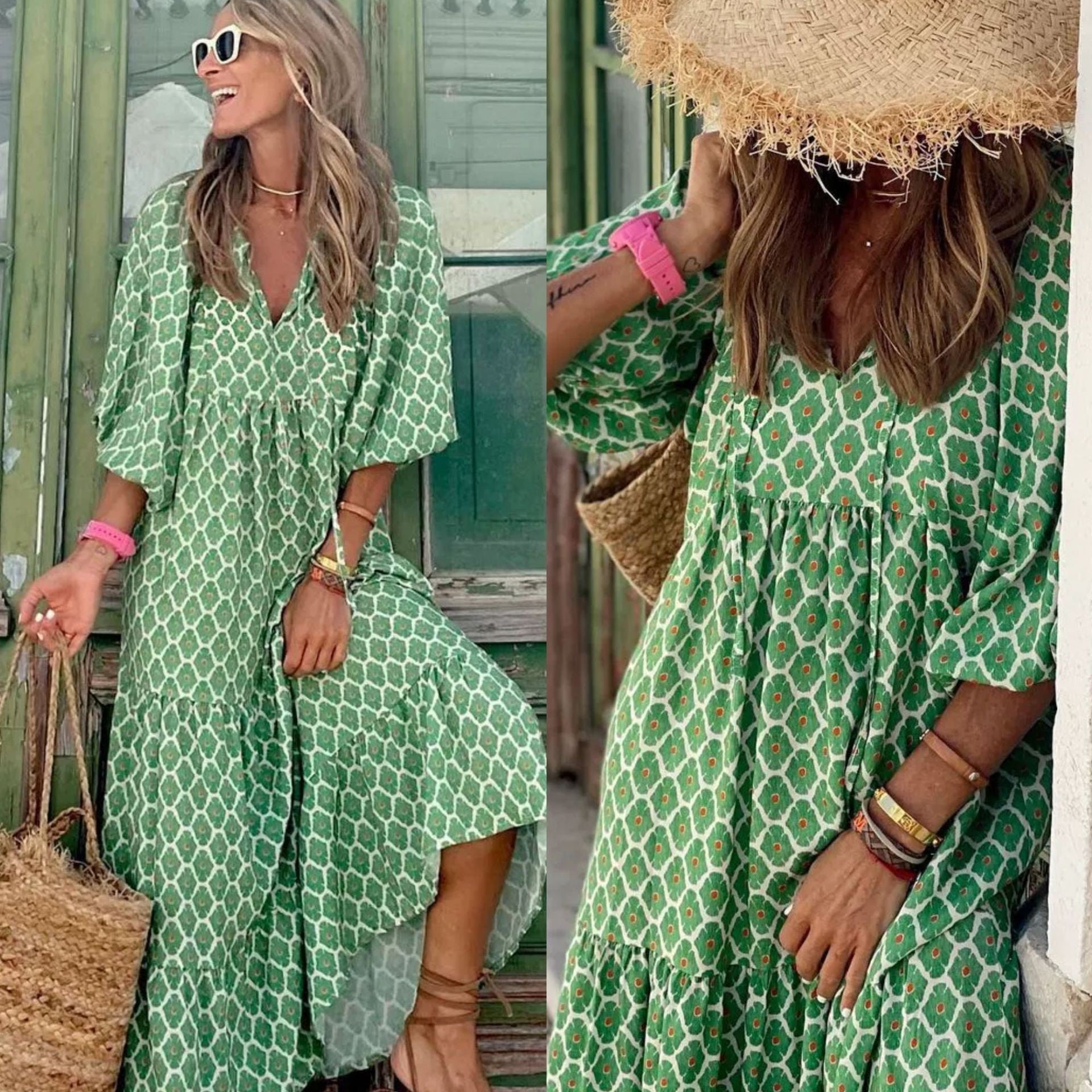 Bohemian Print Long Sleeve Flowy Maxi Dress for Women