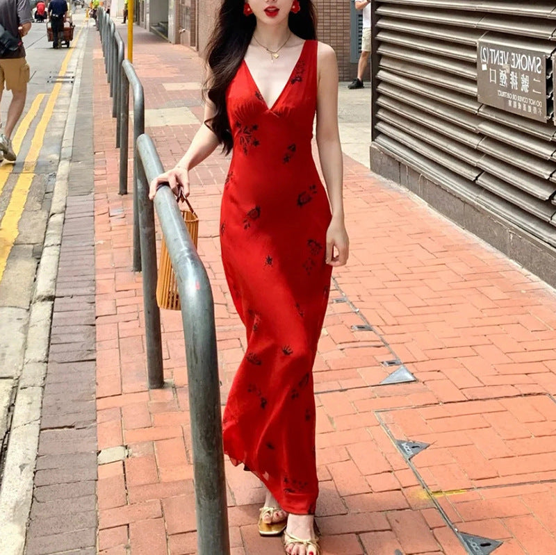Floral V-Neck Strap Bodycon Maxi Dress for Women, High Waist