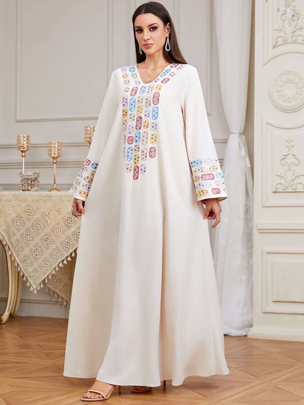 Sequin Embroidered Long-Sleeve Maxi Dress