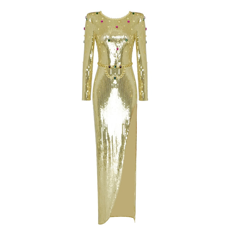 Long Sleeve Sequin Diamond Bandage Midi Dress in Gold