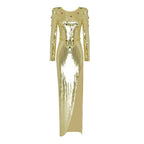 Long Sleeve Sequin Diamond Bandage Midi Dress in Gold