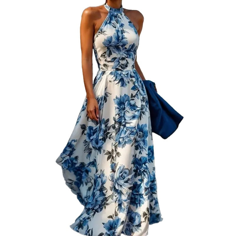 Floral Halter A-Line Maxi Dress for Women, Sleeveless