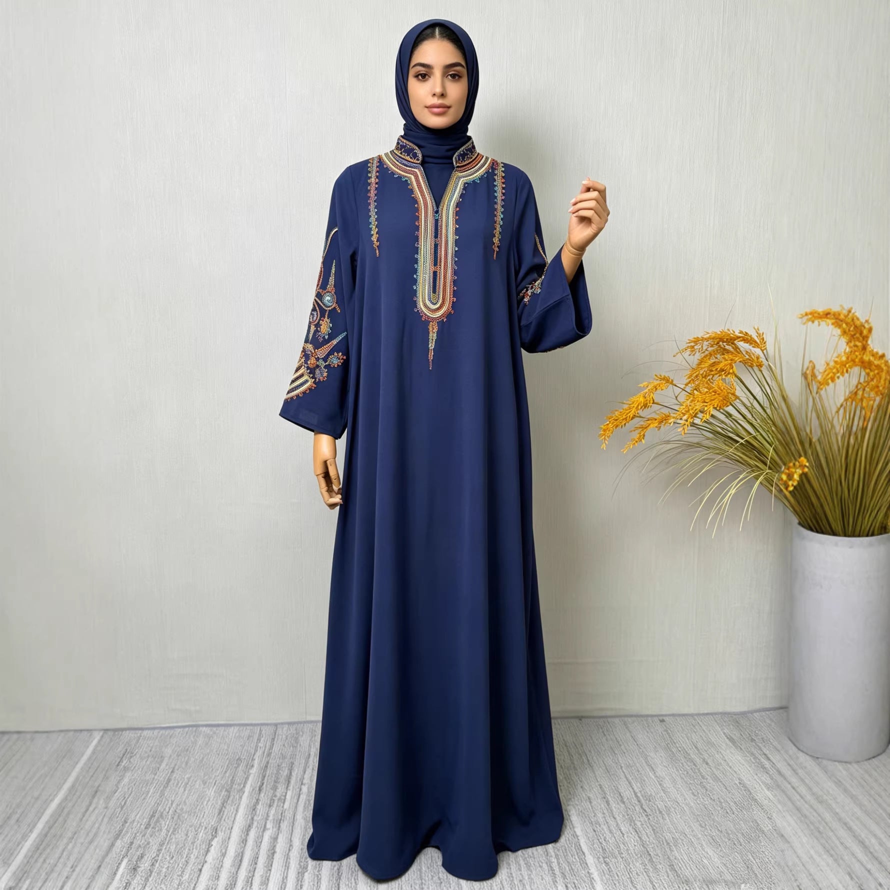 Embroidered Long Robe Dress, Long Sleeve Secondary image