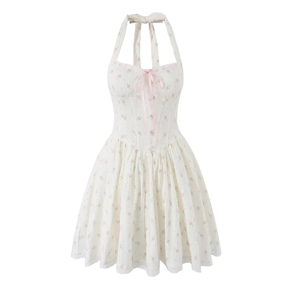Floral Halter Pleated Mini Dress for Women, A-Line