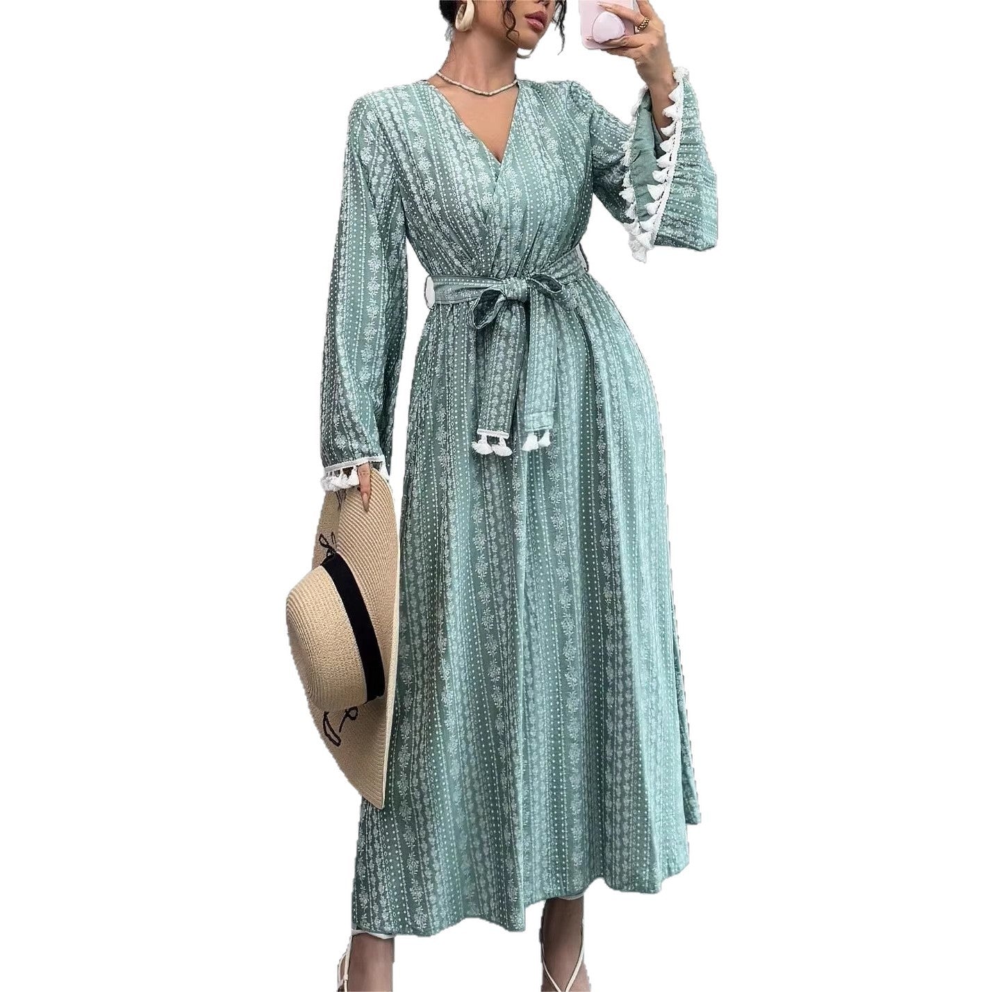 Tassel Color-Block Maxi Dress for women with V neck and long sleeves Main image