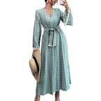 Lace Tassel Color-Block Maxi Dress for Women, Flared Sleeve