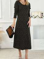 Vintage Leopard Print Round-Neck Midi Dress for Women, Long Sleeve