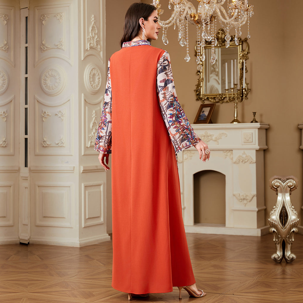 Orange Embroidered Robe Maxi Dress, Printed