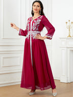 Embroidered V-Neck Robe Maxi Dress