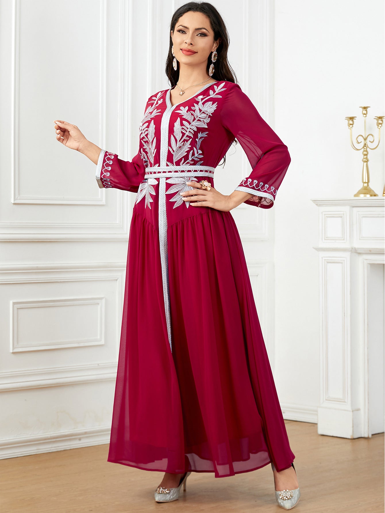 Embroidered V-Neck Robe Maxi Dress