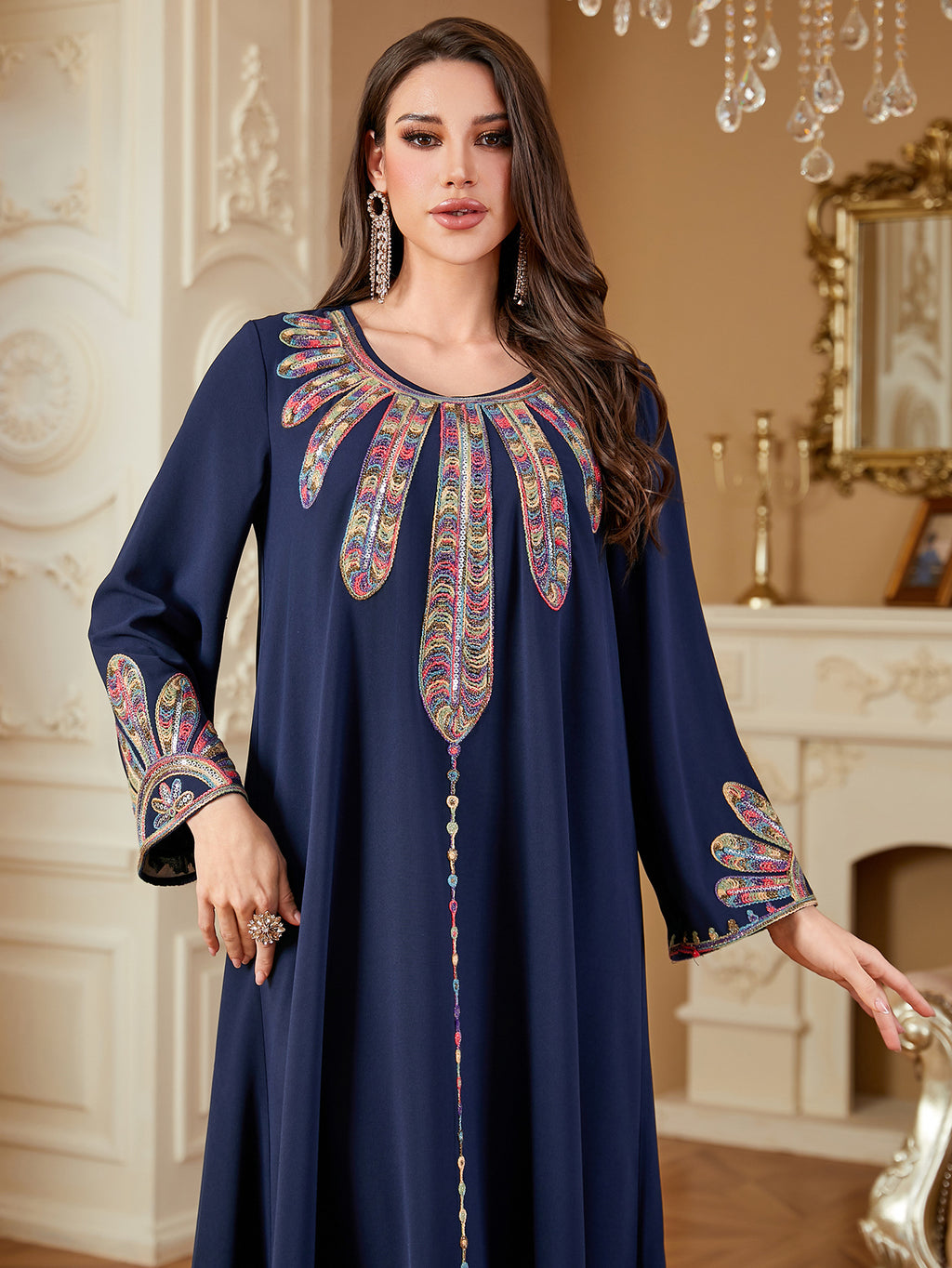 Navy Embroidered A-Line Maxi Dress