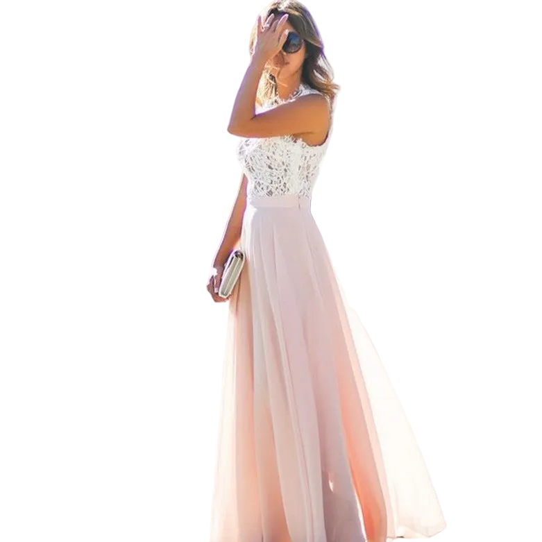 Lace Patchwork Maxi Dress for women with round neck and sleeveless