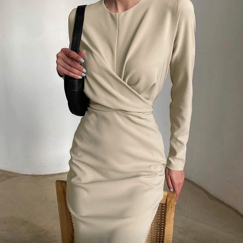 French Vintage Long-Sleeve Bodycon Midi Dress for Women, Round Neck