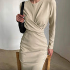 French Vintage Long-Sleeve Bodycon Midi Dress for Women, Round Neck