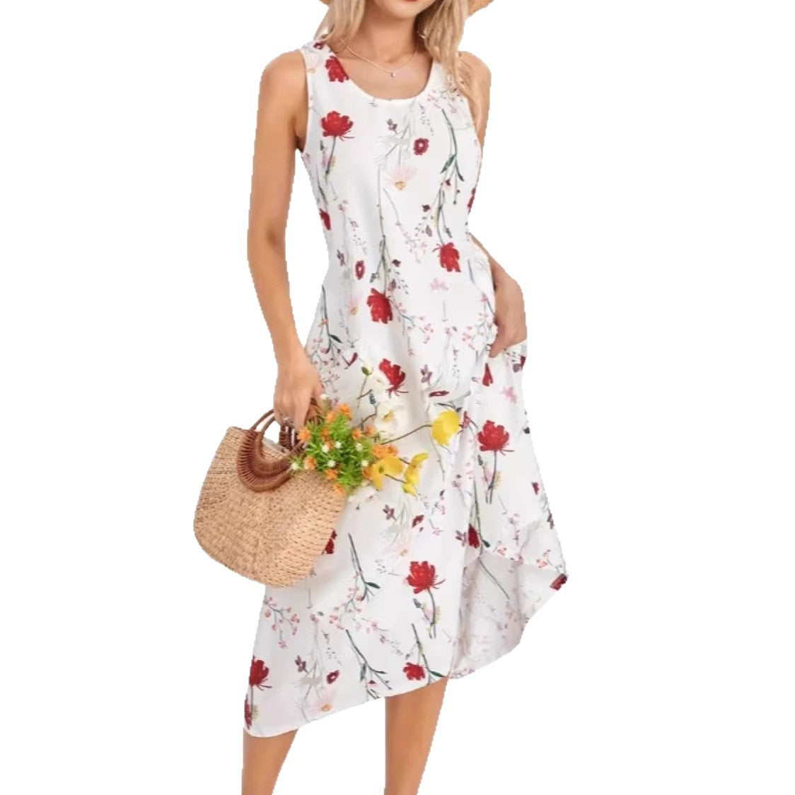 Floral Print Sleeveless Round-Neck Maxi Dress for Women
