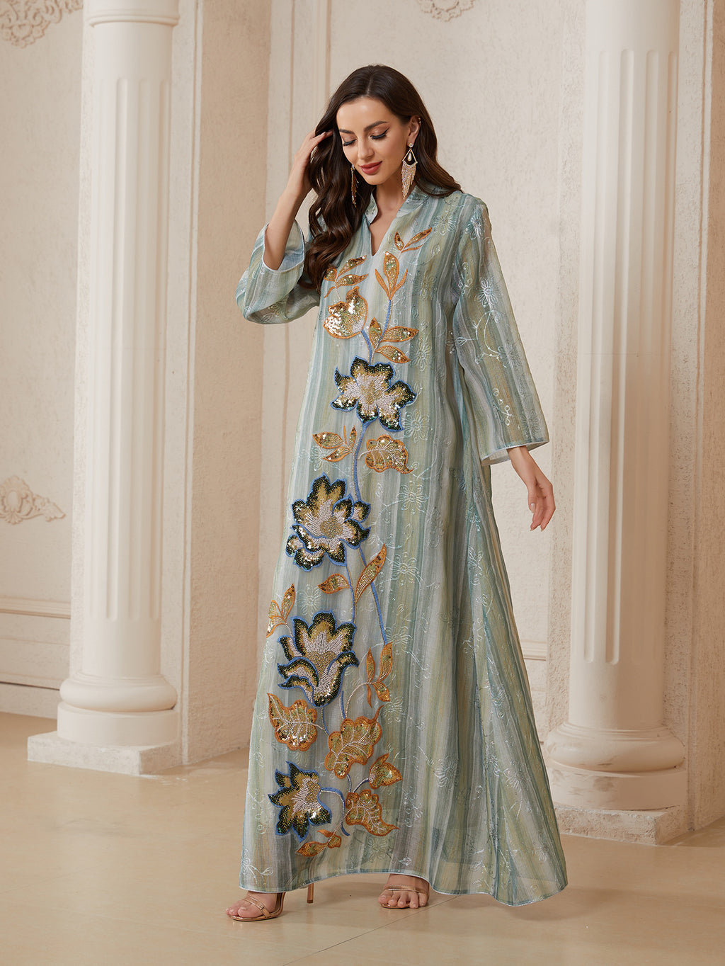 Mesh Beaded Long-Sleeve Maxi Dress