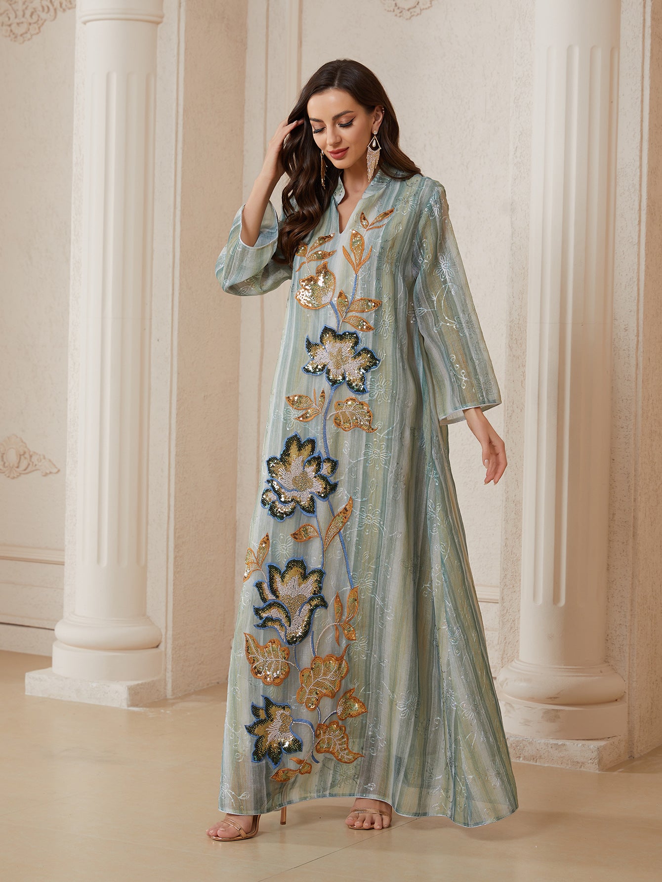 Mesh Beaded Long-Sleeve Maxi Dress