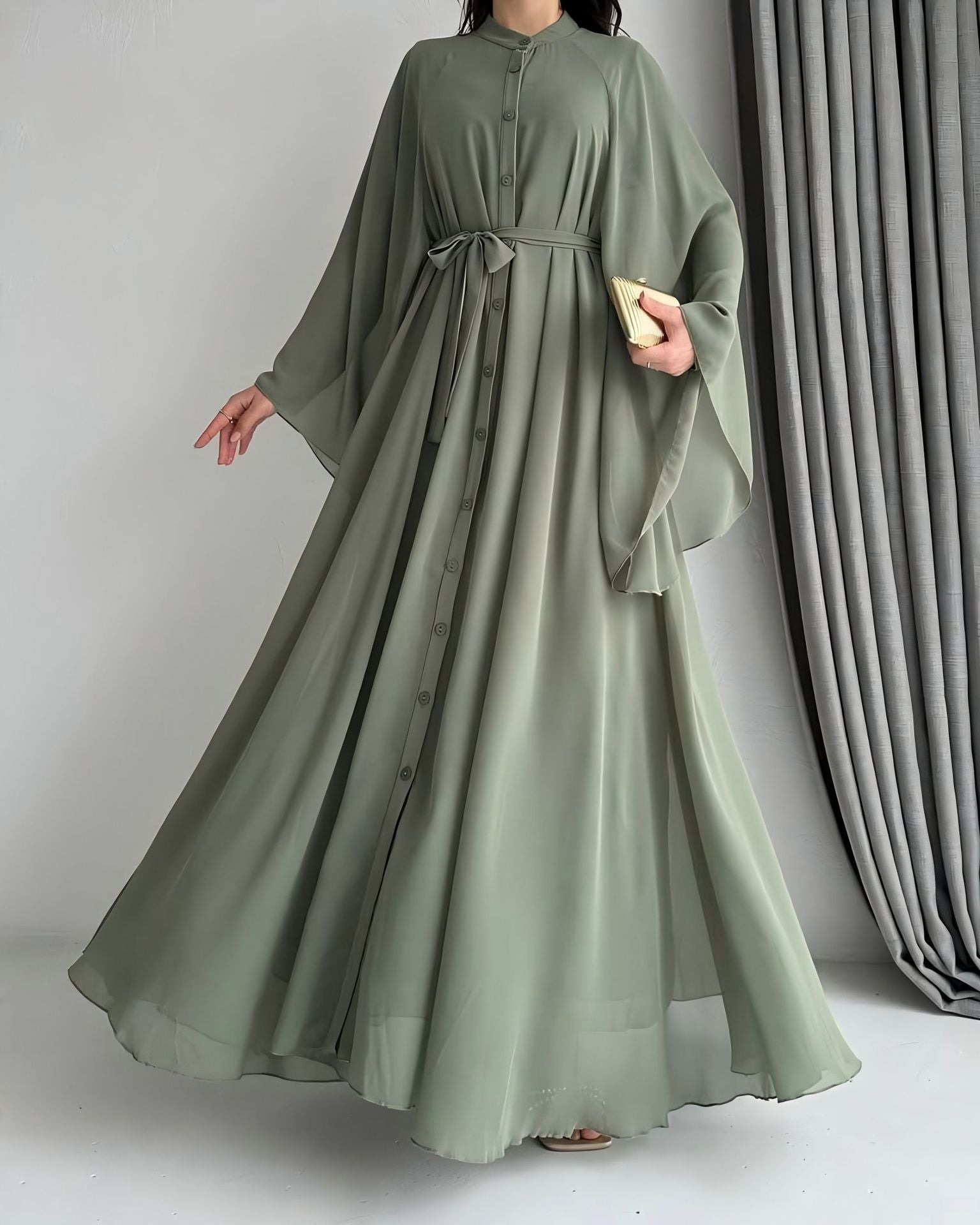 Green Belted Chiffon Maxi Dress