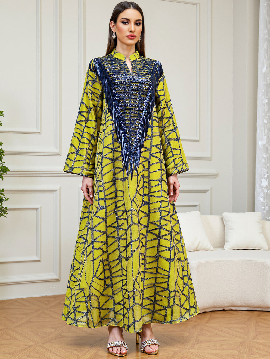Yellow Sequin Tassel Maxi Dress