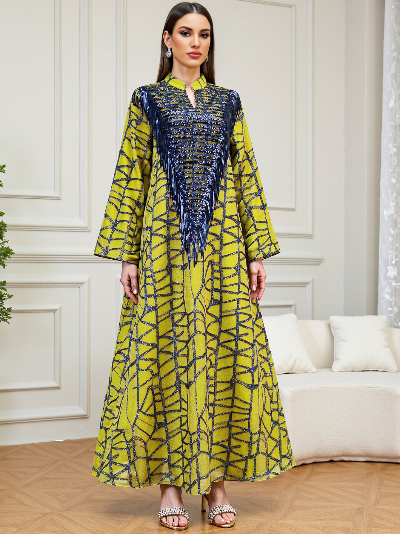 Yellow Sequin Tassel Maxi Dress