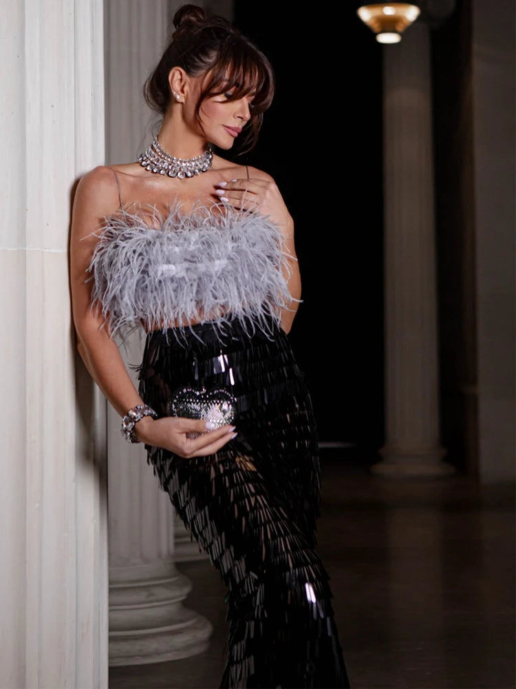 Ostrich Feather Strap Top & Sequin Skirt Co-ord Set for Women