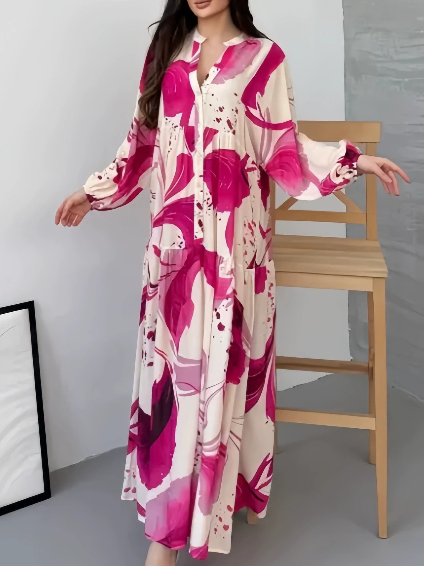 Printed Loose V-Neck Maxi Dress