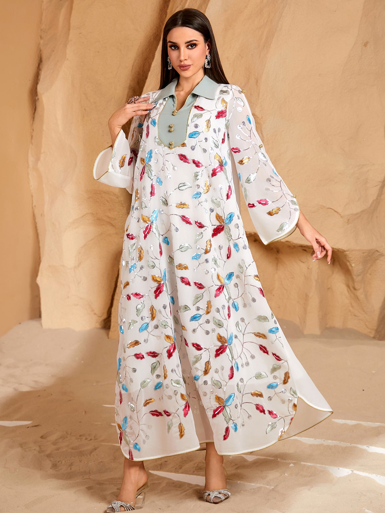 Beaded Embroidered Robe Maxi Dress