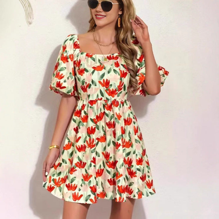 Floral Square-Neck Lantern-Sleeve Mini Dress for Women, A-Line
