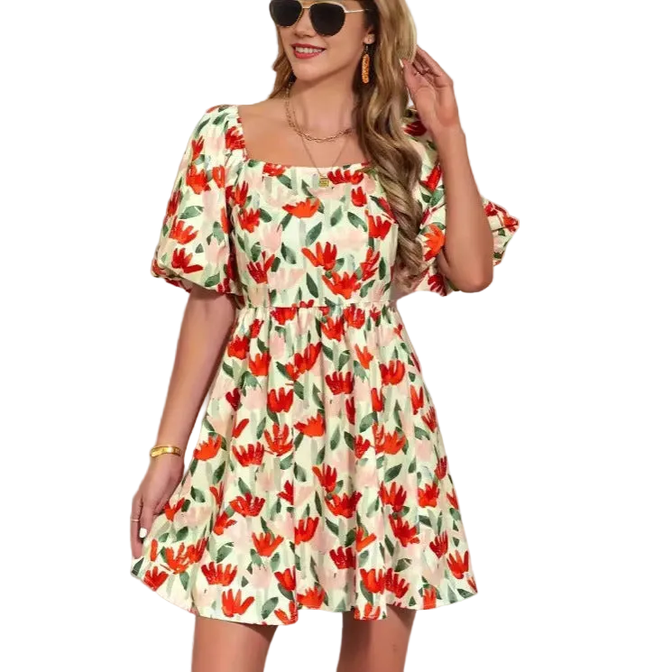 Floral Lantern-Sleeve Mini Dress for women with a square neck design Main image