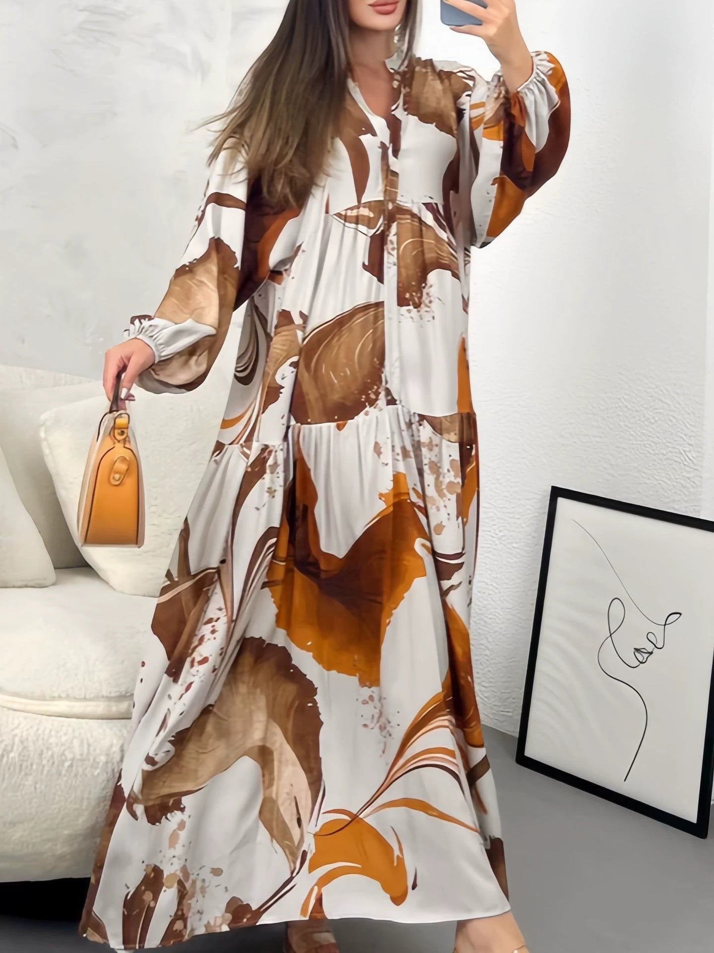 Printed Loose V-Neck Maxi Dress