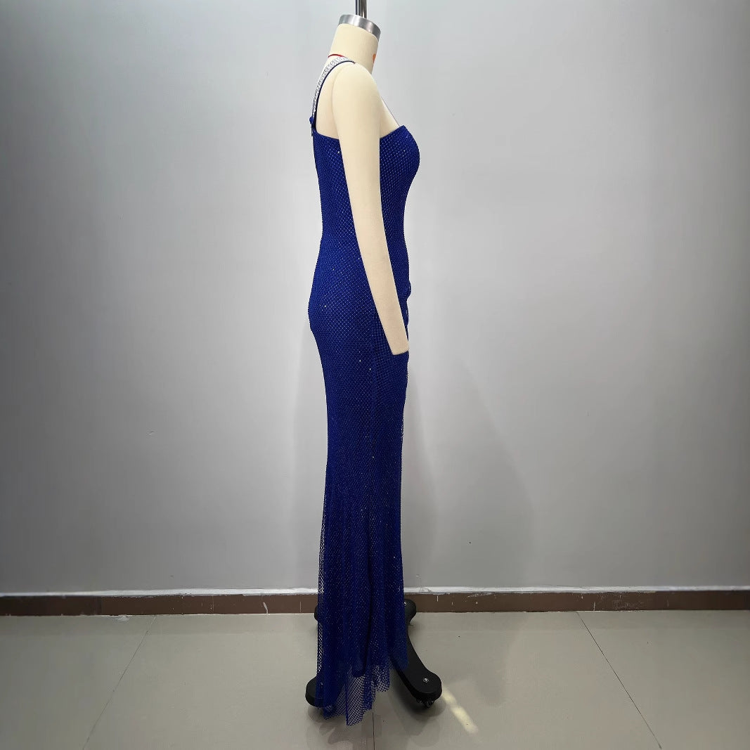 One-Shoulder Backless Rhinestone Slit Bodycon Gown in Blue Secondary image