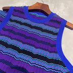 Striped Jacquard Knitted Sleeveless Waist-Cinching Dress for Women