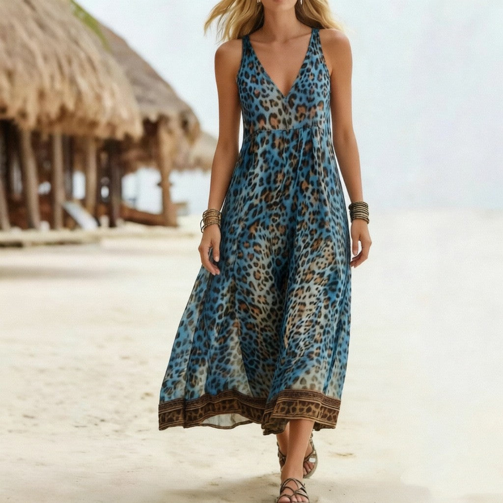 Printed Sleeveless V-Neck A-Line Maxi Dress