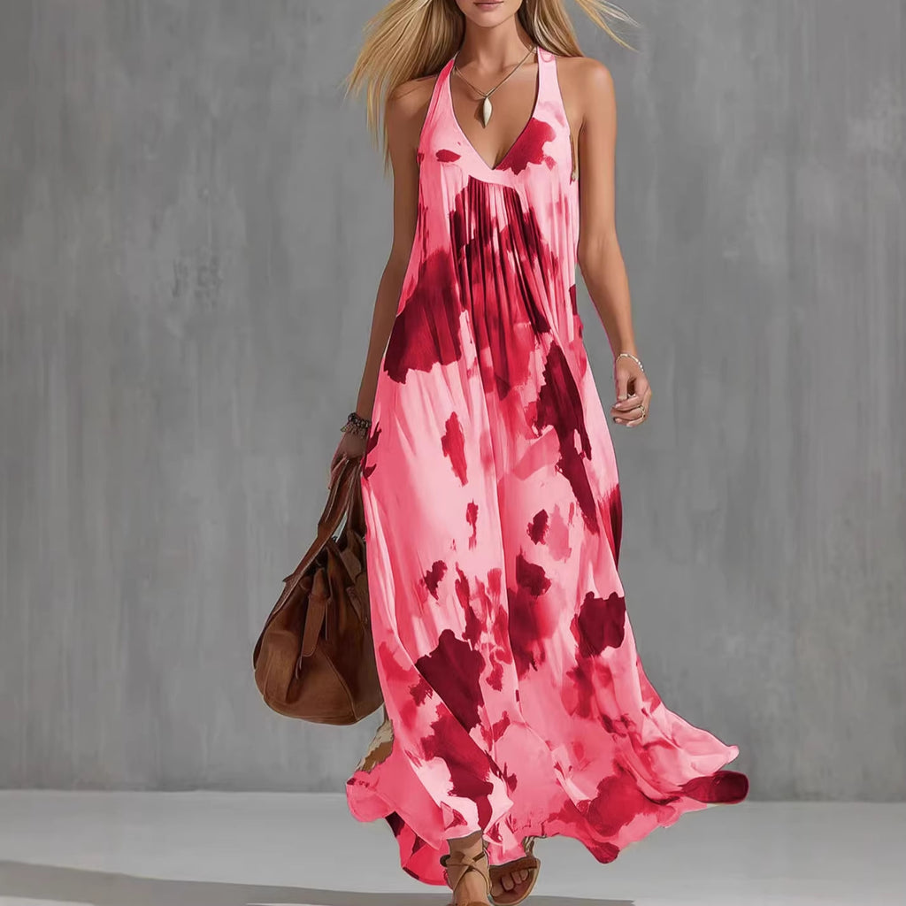 Tie-Dye Deep V-Neck Sleeveless Swing Maxi Dress for Women
