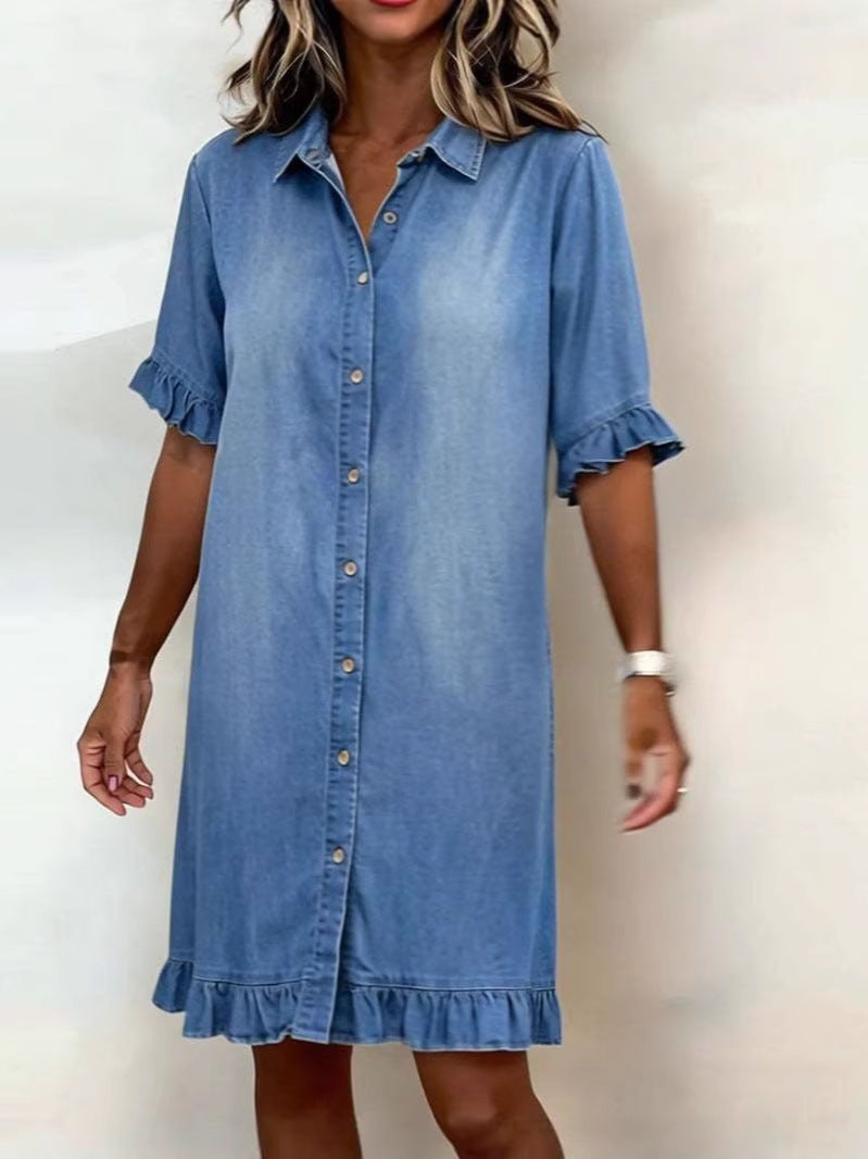 Loose Short-Sleeve Shirt Dress for Women, Shirt Collar