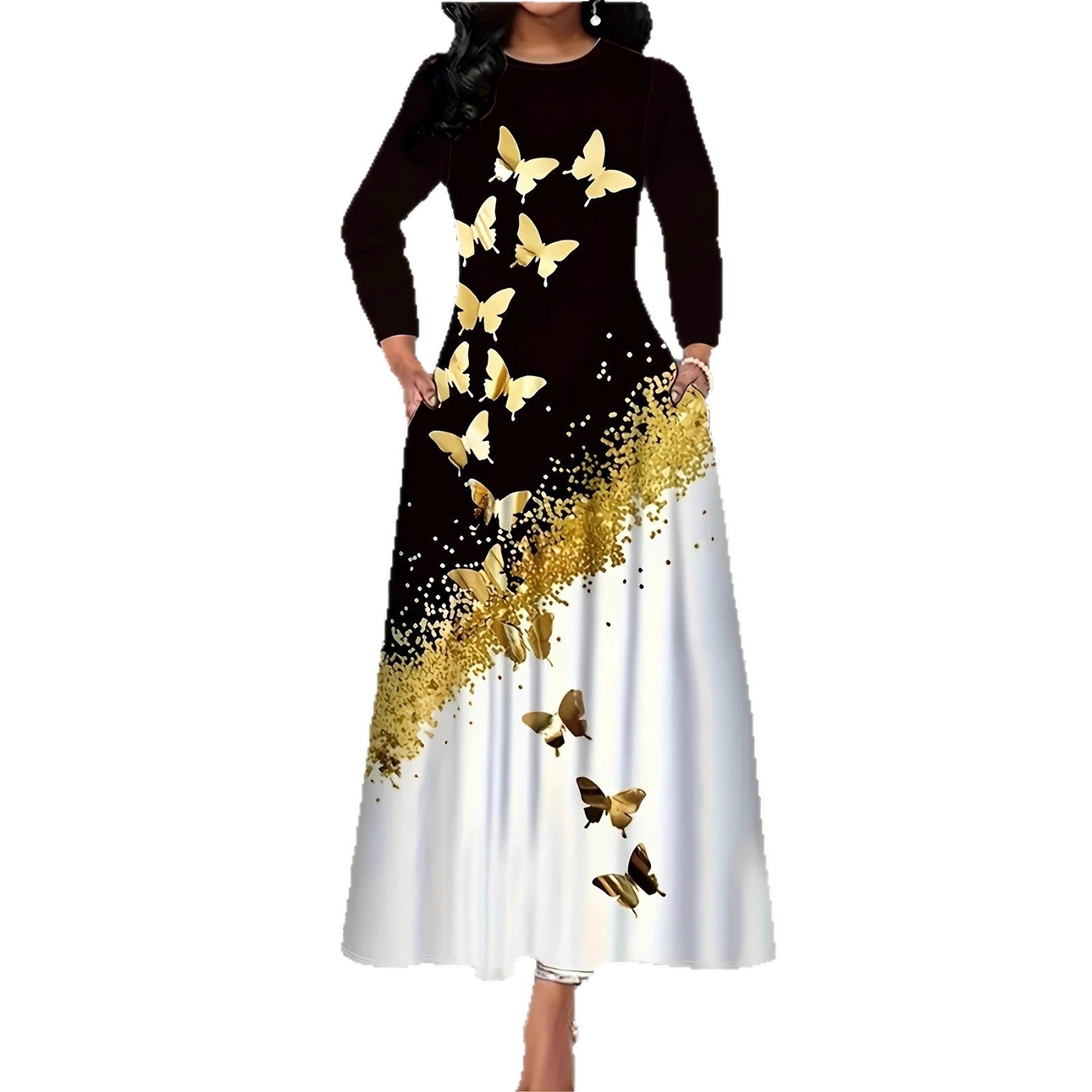 Butterfly Print Long-Sleeve A-Line Maxi Dress for Women, Plus Size Main image