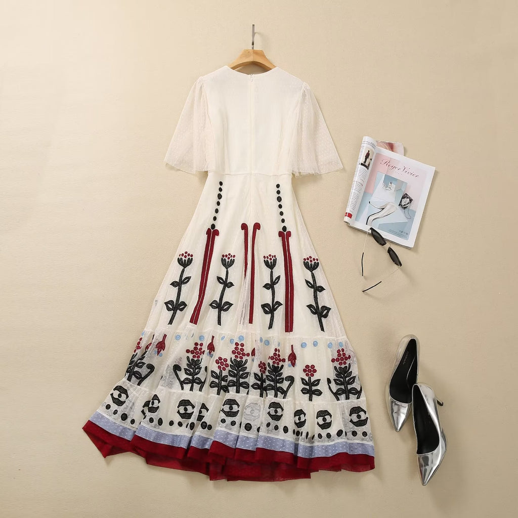 Embroidered Mesh High-Waist Midi Dress for Women
