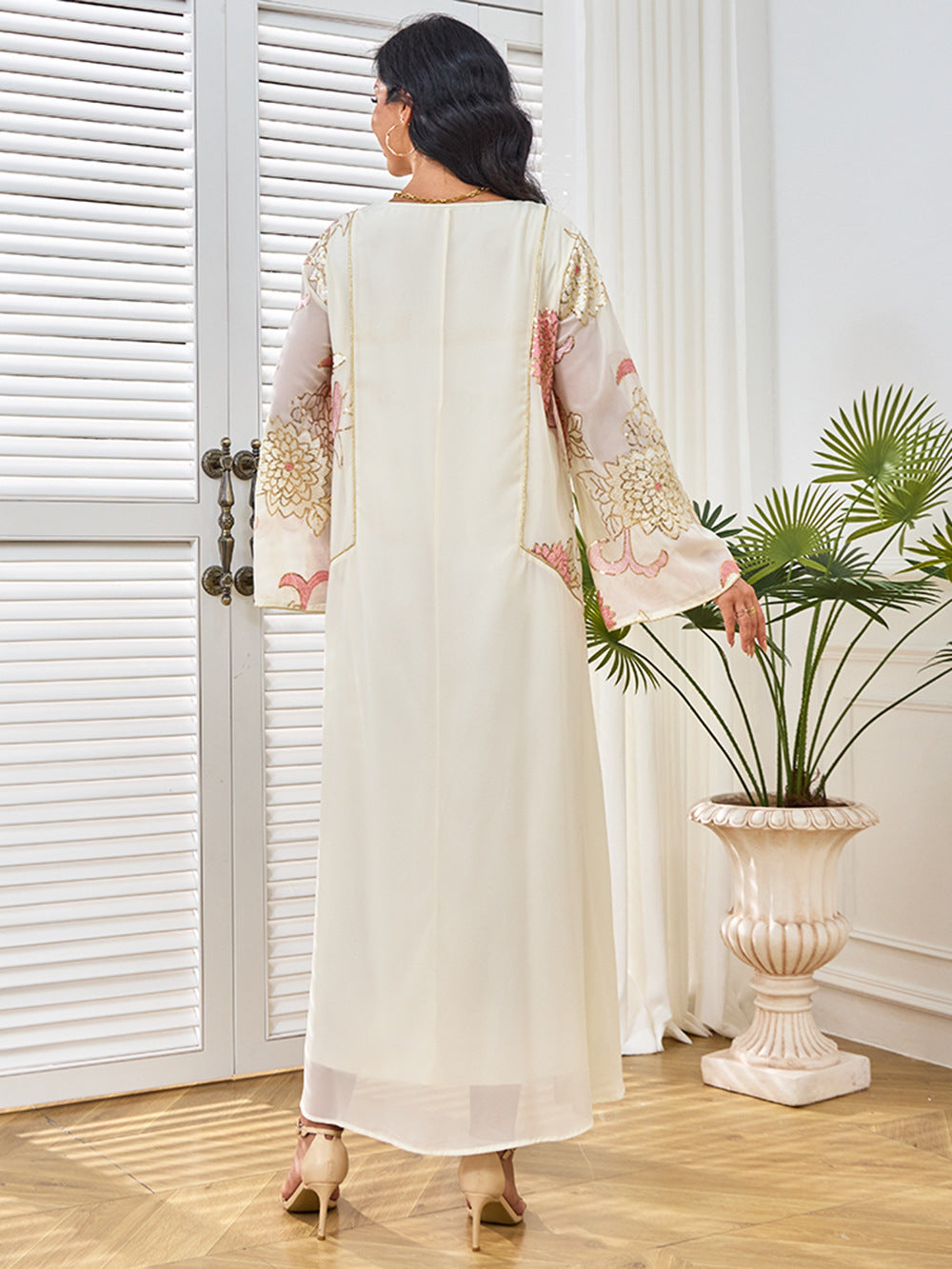 Embroidered Apricot Long-Sleeve Maxi Dress