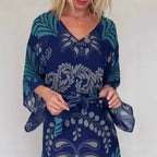 Bohemian Geometric Chiffon Maxi Dress for Women, V-Neck