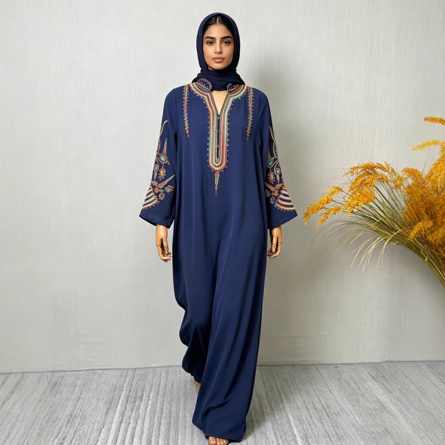 Embroidered Long Robe Dress, Long Sleeve