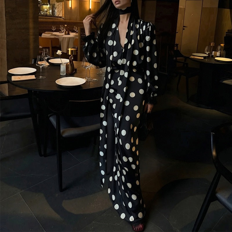 Vintage Polka Dot Puff Sleeve Fitted Midi Dress for Women