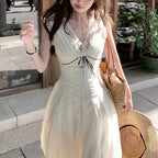 V-Neck Lace-Splice High-Waist Slim Dress for Women, Sleeveless